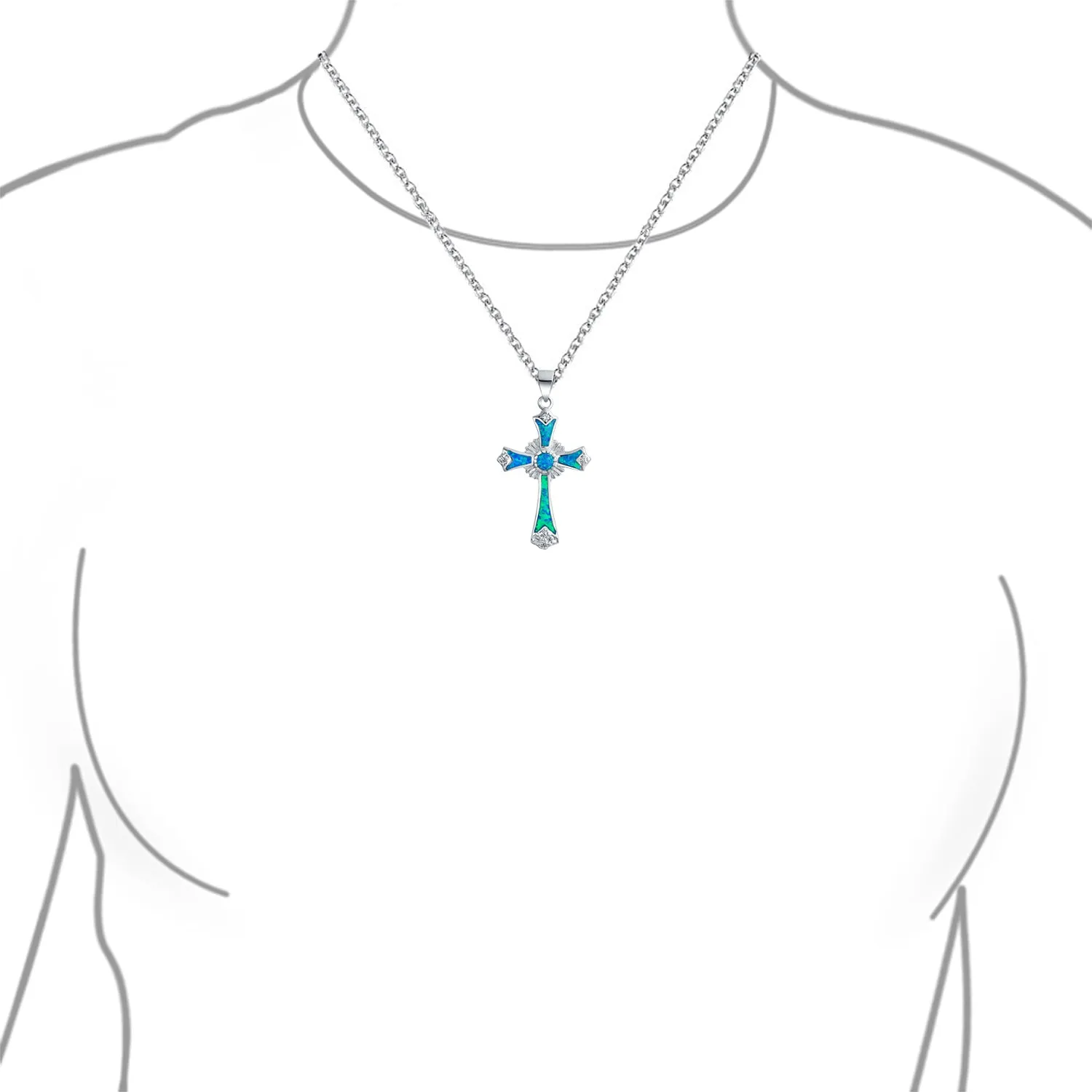 Gemstone CZ Blue Created Opal Cross Pendant Necklace Sterling Silver