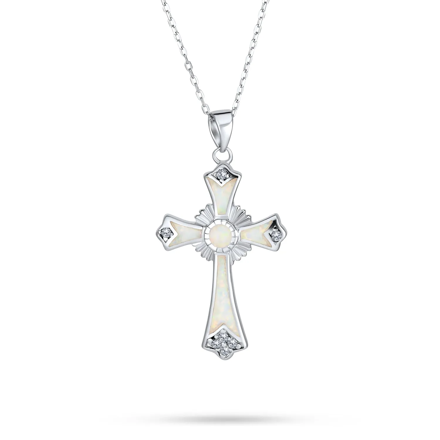 Gemstone CZ Blue Created Opal Cross Pendant Necklace Sterling Silver