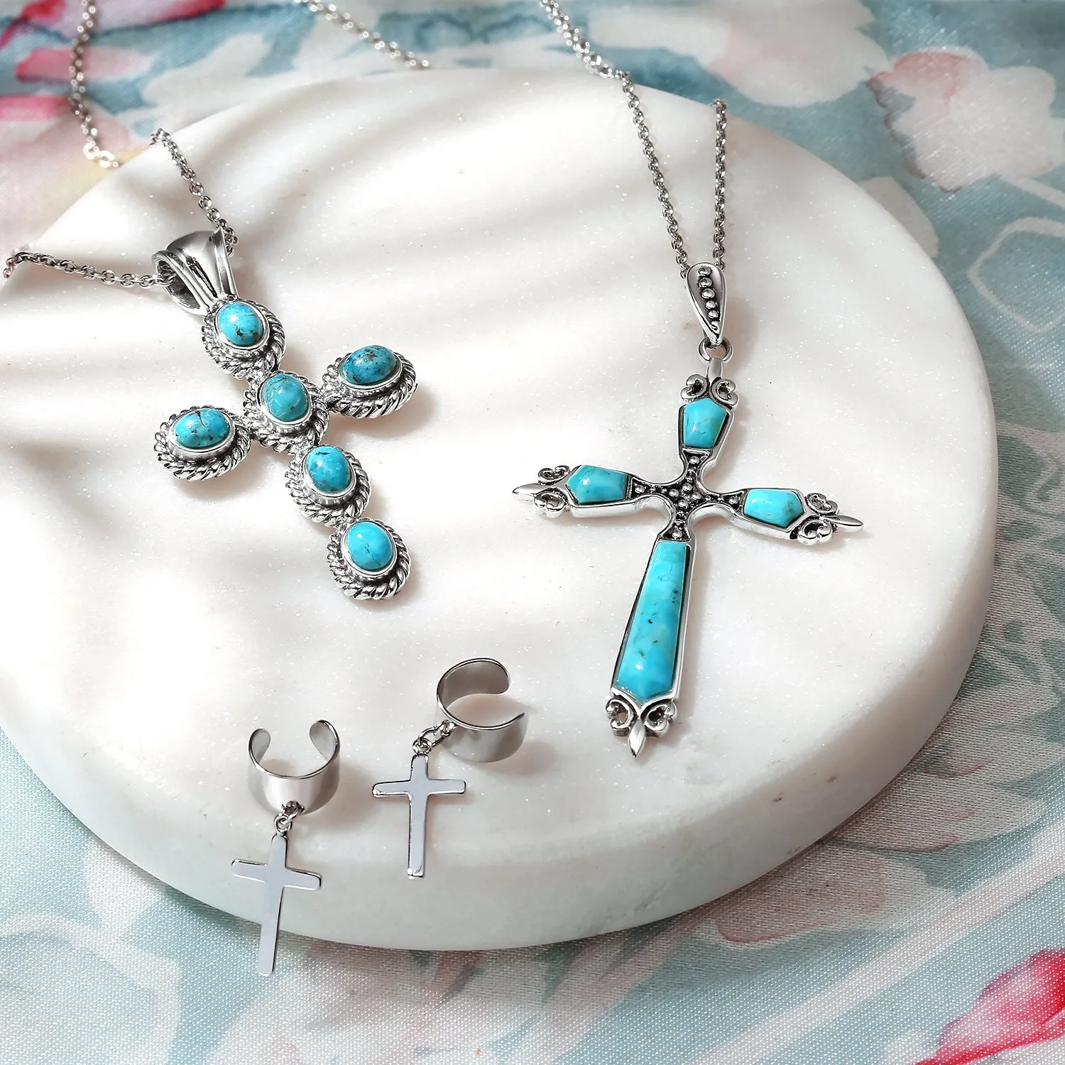 Gemstone CZ Blue Created Opal Cross Pendant Necklace Sterling Silver