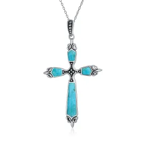 Gemstone CZ Blue Created Opal Cross Pendant Necklace Sterling Silver