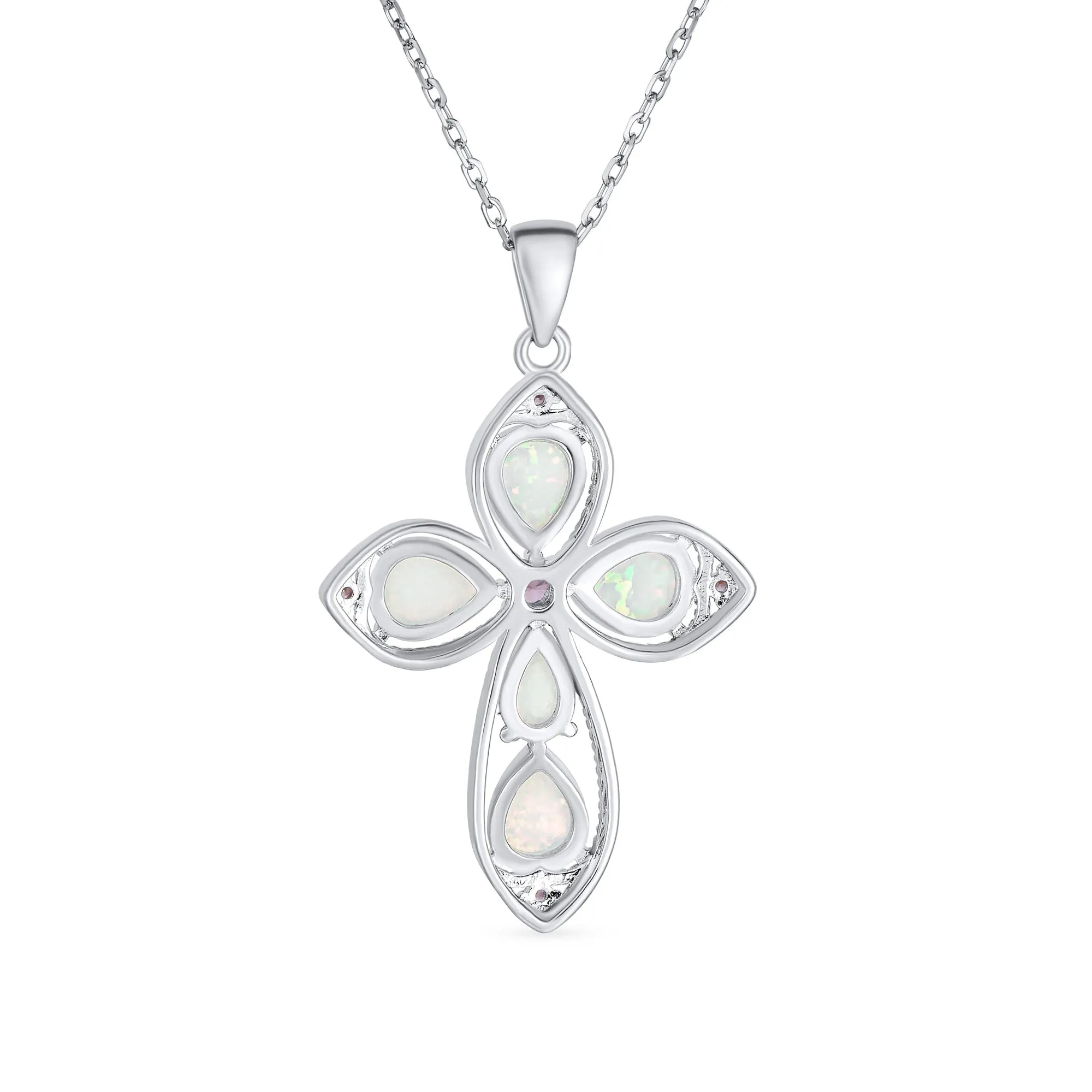 Gemstone CZ Blue Created Opal Cross Pendant Necklace Sterling Silver