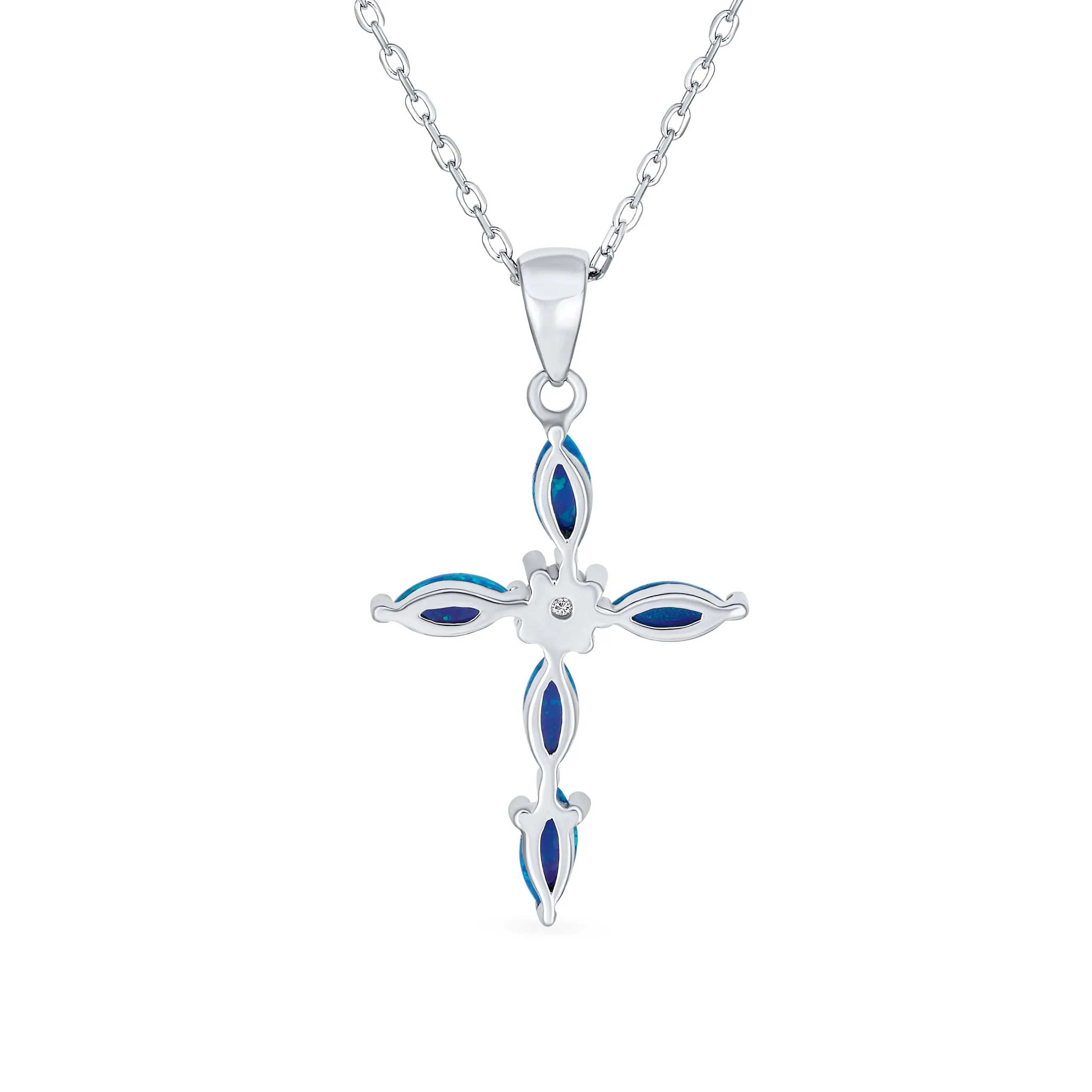 Gemstone CZ Blue Created Opal Cross Pendant Necklace Sterling Silver