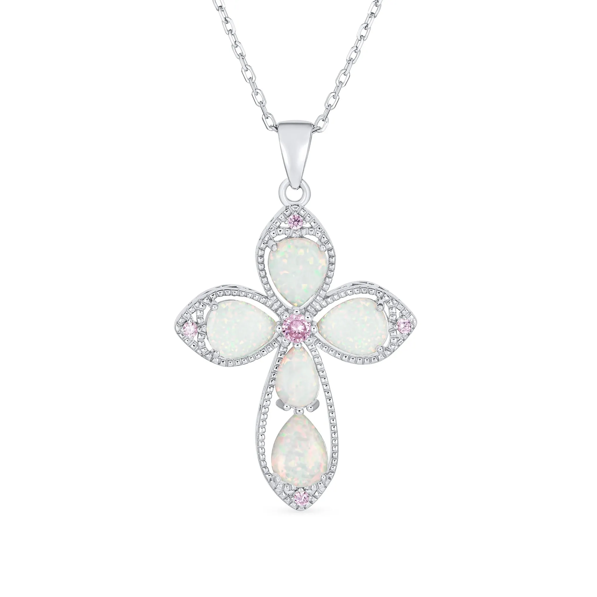 Gemstone CZ Blue Created Opal Cross Pendant Necklace Sterling Silver