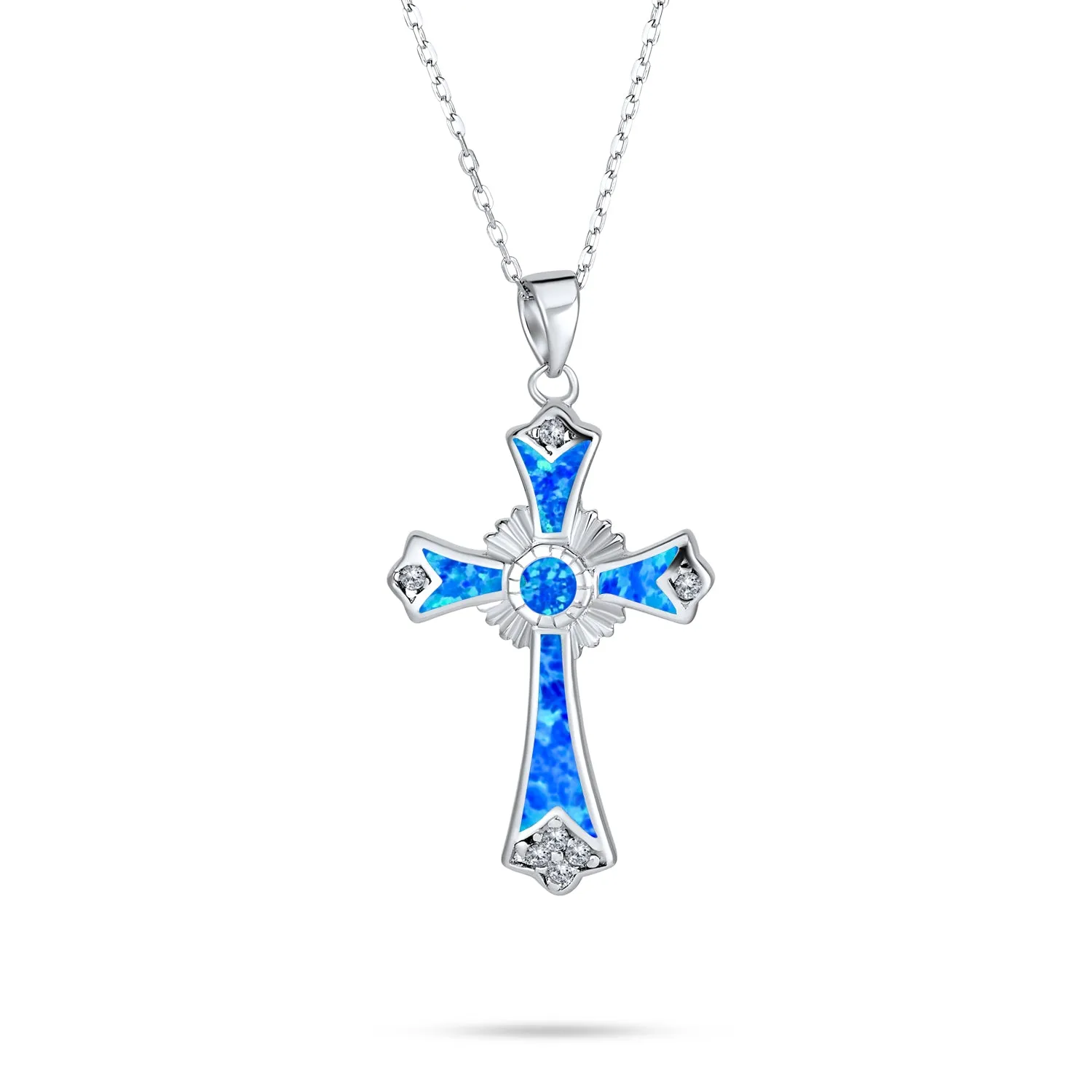 Gemstone CZ Blue Created Opal Cross Pendant Necklace Sterling Silver