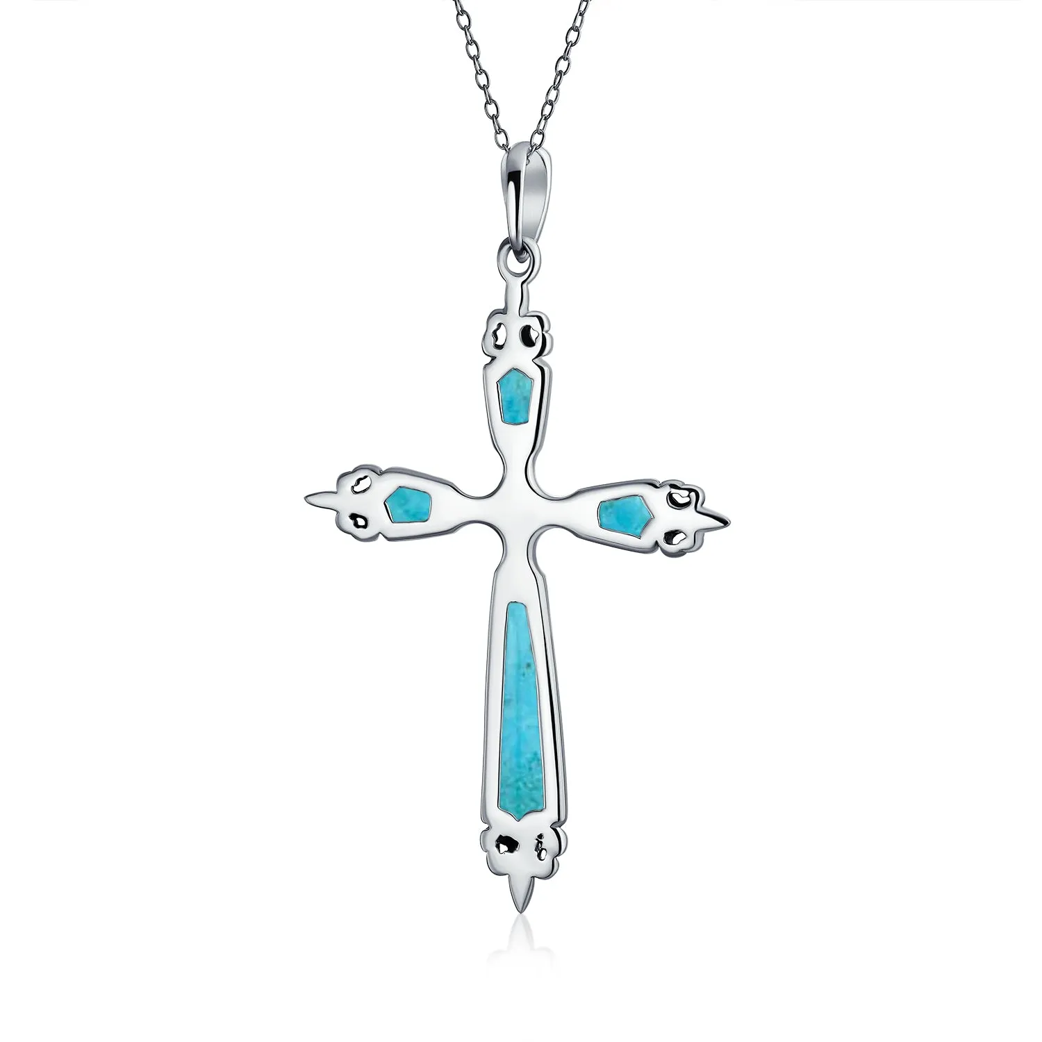 Gemstone CZ Blue Created Opal Cross Pendant Necklace Sterling Silver