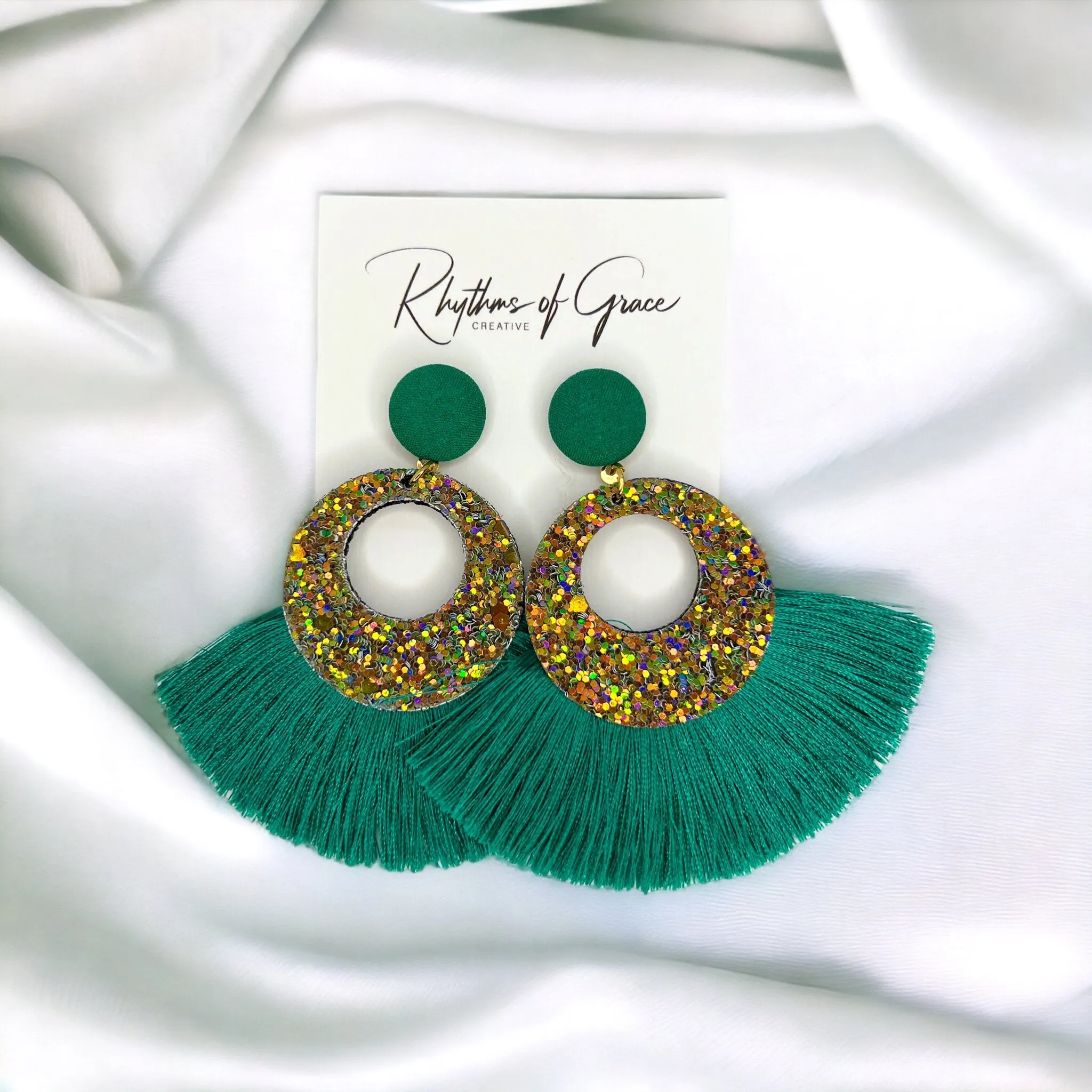 Green Tassel Earrings - Rhinestone Accessories, Green Earrings, Teal Earrings, Luck Accessories, St. Patrick's Day