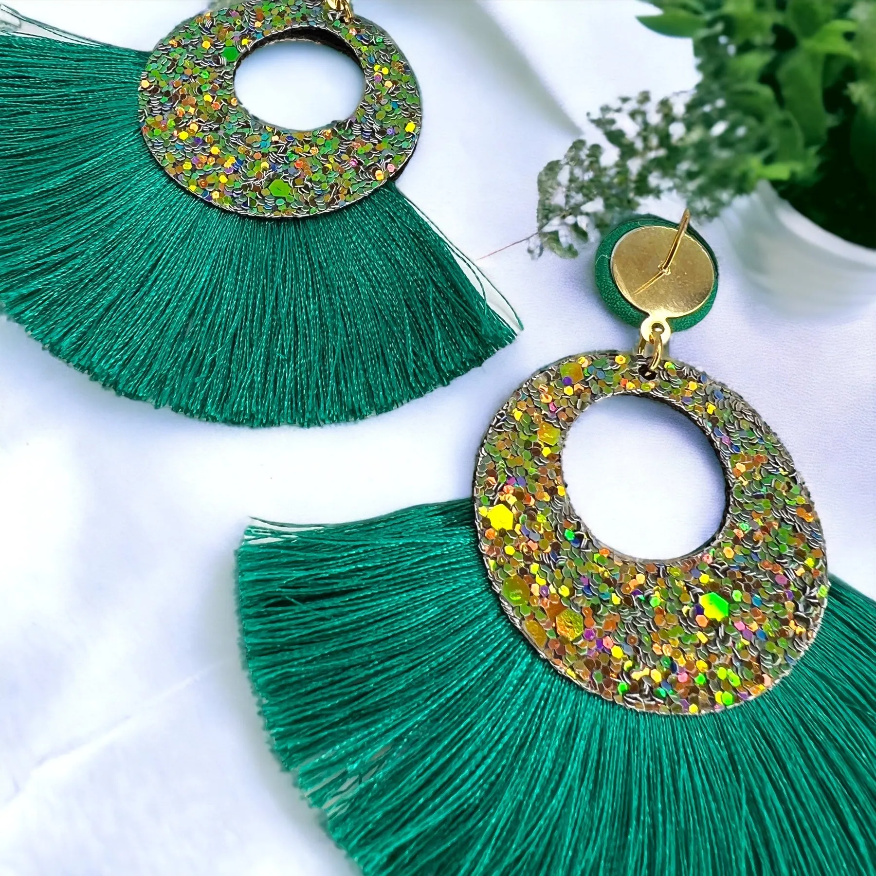 Green Tassel Earrings - Rhinestone Accessories, Green Earrings, Teal Earrings, Luck Accessories, St. Patrick's Day