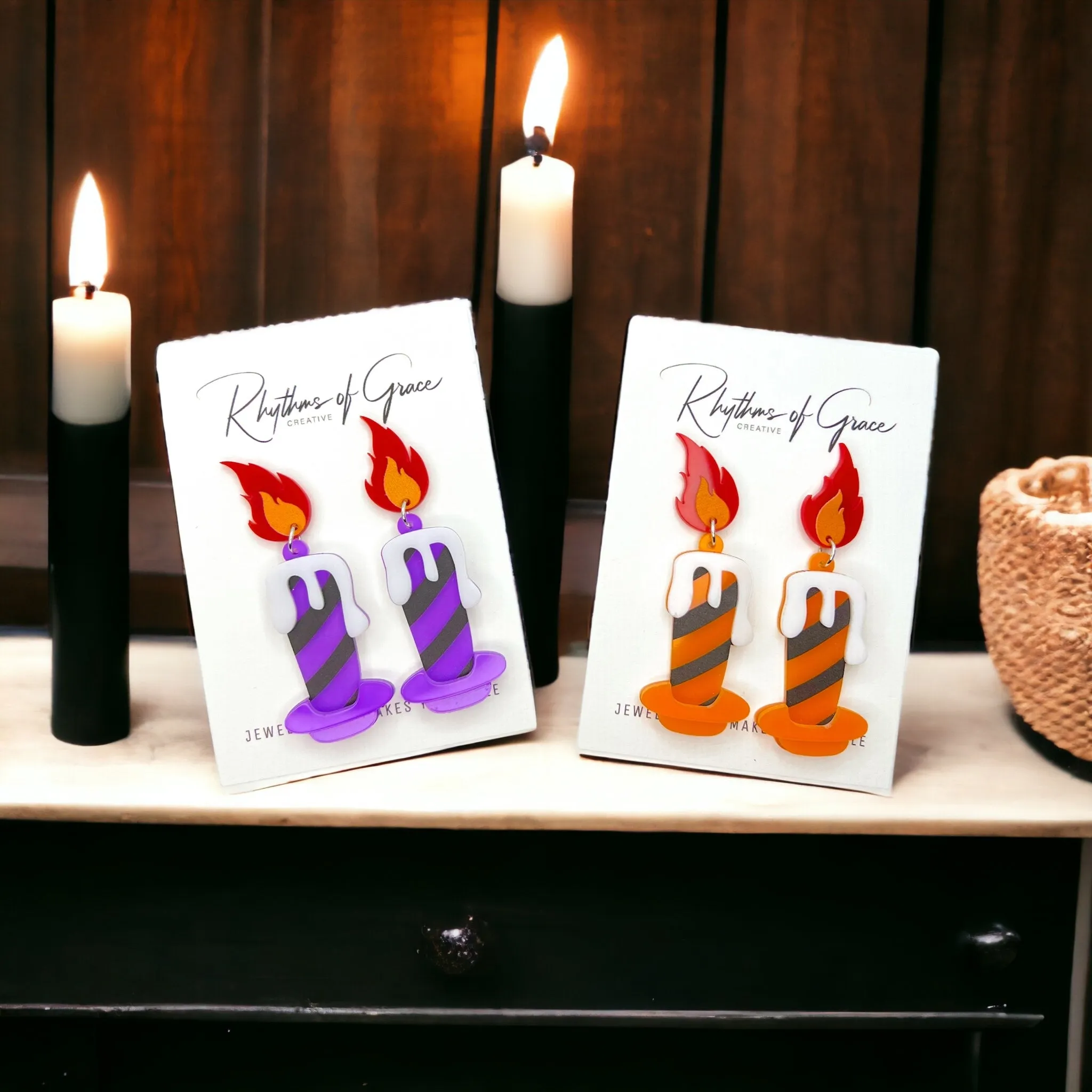 Halloween Candle Earrings - Handmade Acrylic Earrings with Stainless Steel Posts