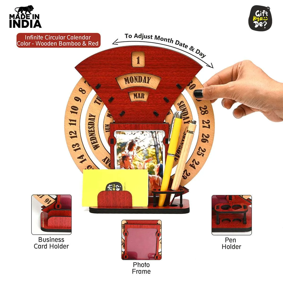 Infinite Circular Calendar With Pen, Card Holder | Clock And Photo Frame Options Available | Desk Accessories