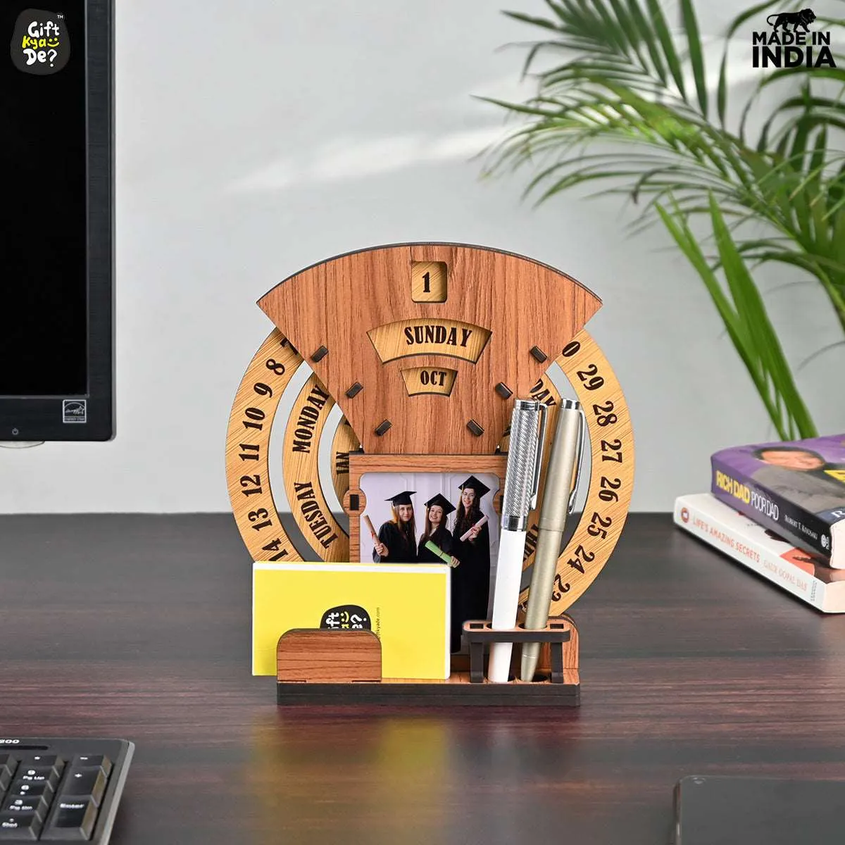 Infinite Circular Calendar With Pen, Card Holder | Clock And Photo Frame Options Available | Desk Accessories