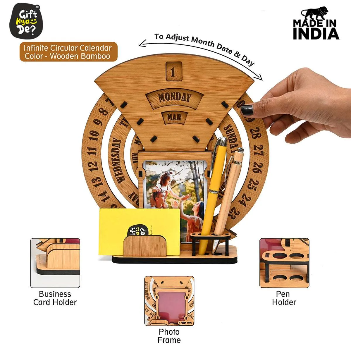 Infinite Circular Calendar With Pen, Card Holder | Clock And Photo Frame Options Available | Desk Accessories