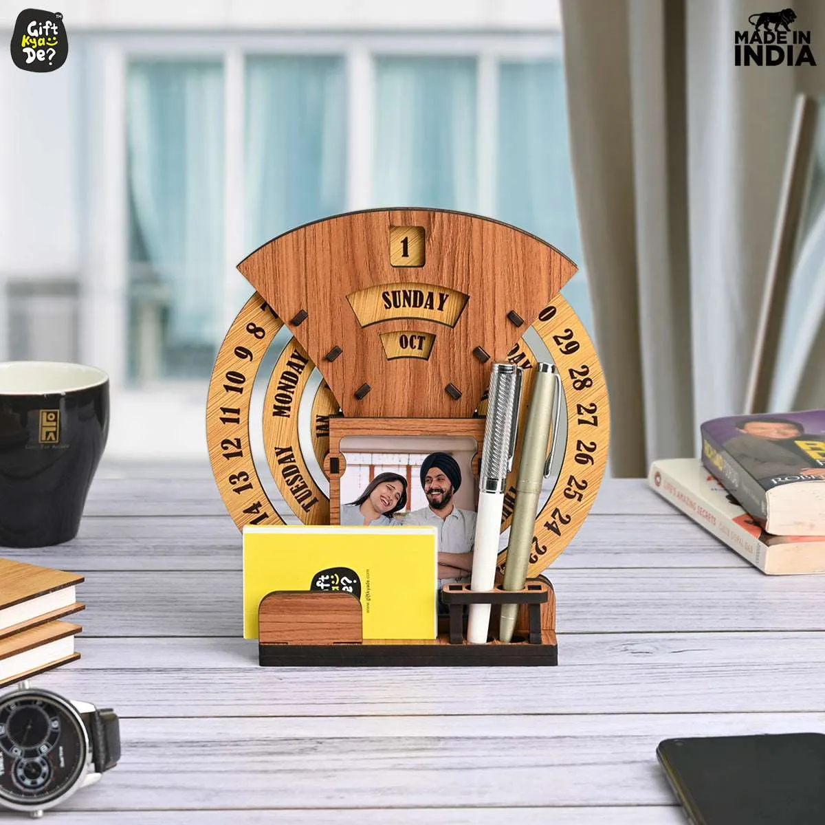 Infinite Circular Calendar With Pen, Card Holder | Clock And Photo Frame Options Available | Desk Accessories