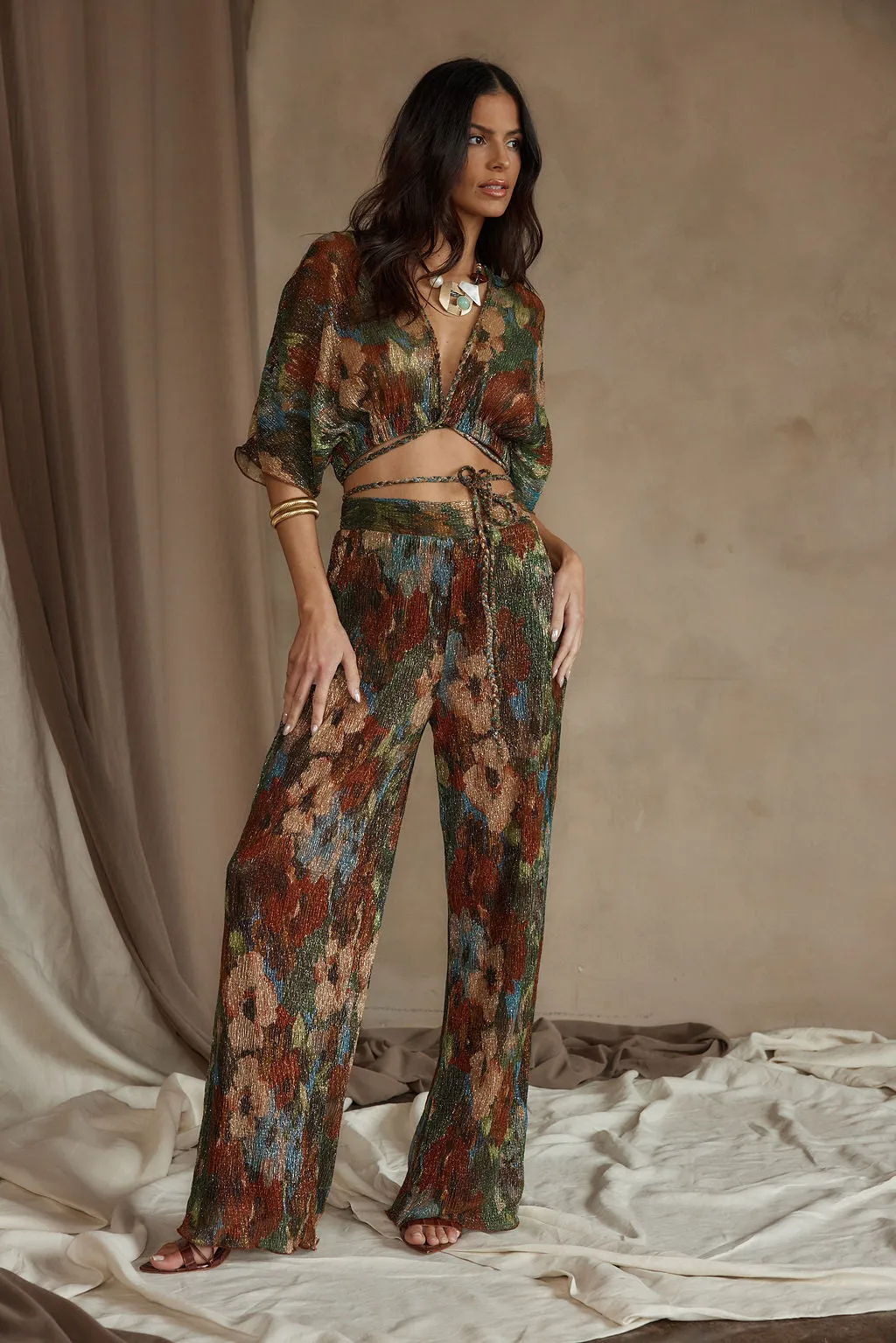 Kaia Multicolor Metallic Floral Pant