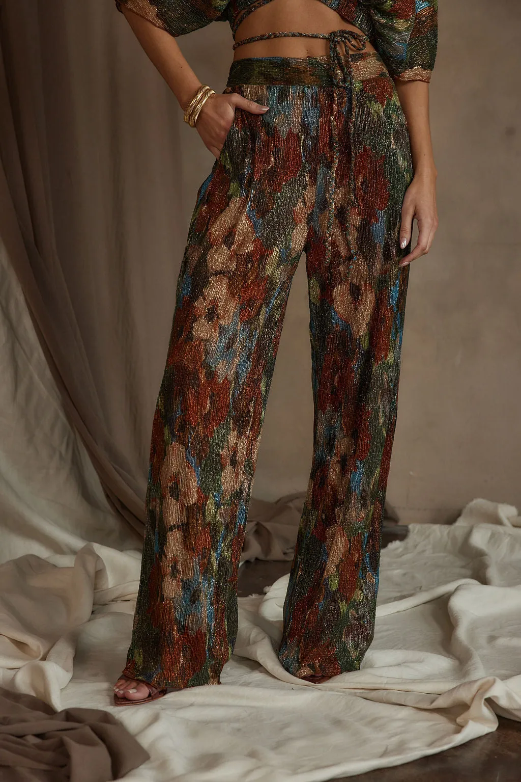 Kaia Multicolor Metallic Floral Pant