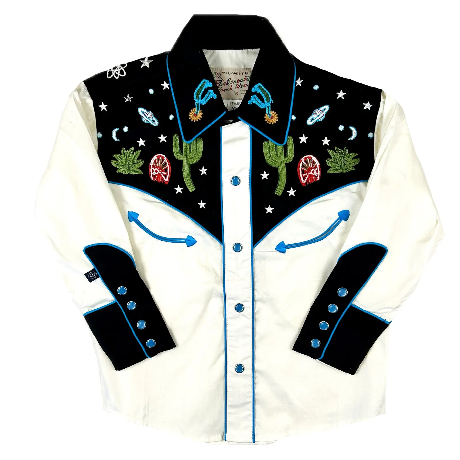 Kid's Black Vintage Cactus & Stars Chain Stitch Embroidery Western Shirt