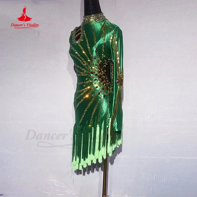 Latin Dance Competition Suit Green Diamond Performance Costume Adult Female Rumba Chacha Tango Latin Dance Black Pool Dresses