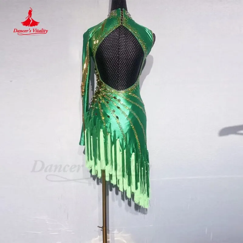 Latin Dance Competition Suit Green Diamond Performance Costume Adult Female Rumba Chacha Tango Latin Dance Black Pool Dresses