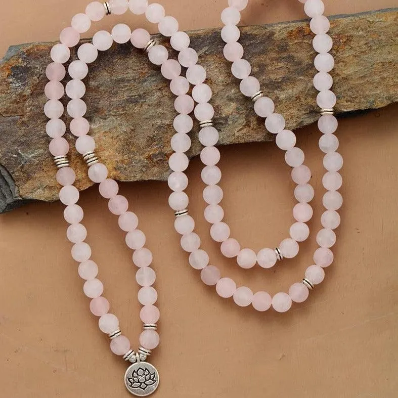 'Lotus' Charm & Rose Quartz Stretchy Bracelet