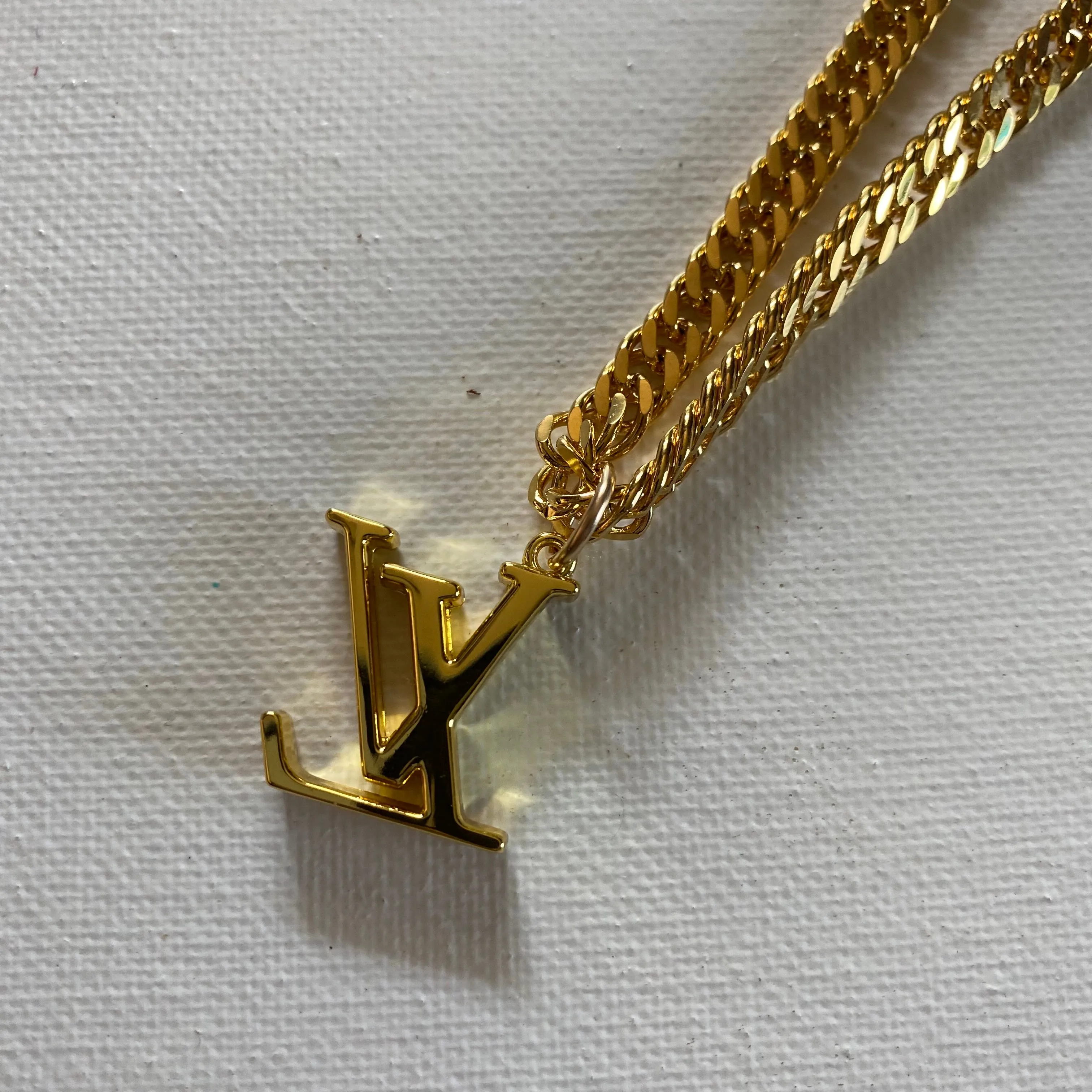 LV Charm Necklace - Gold Filled Curb Chain