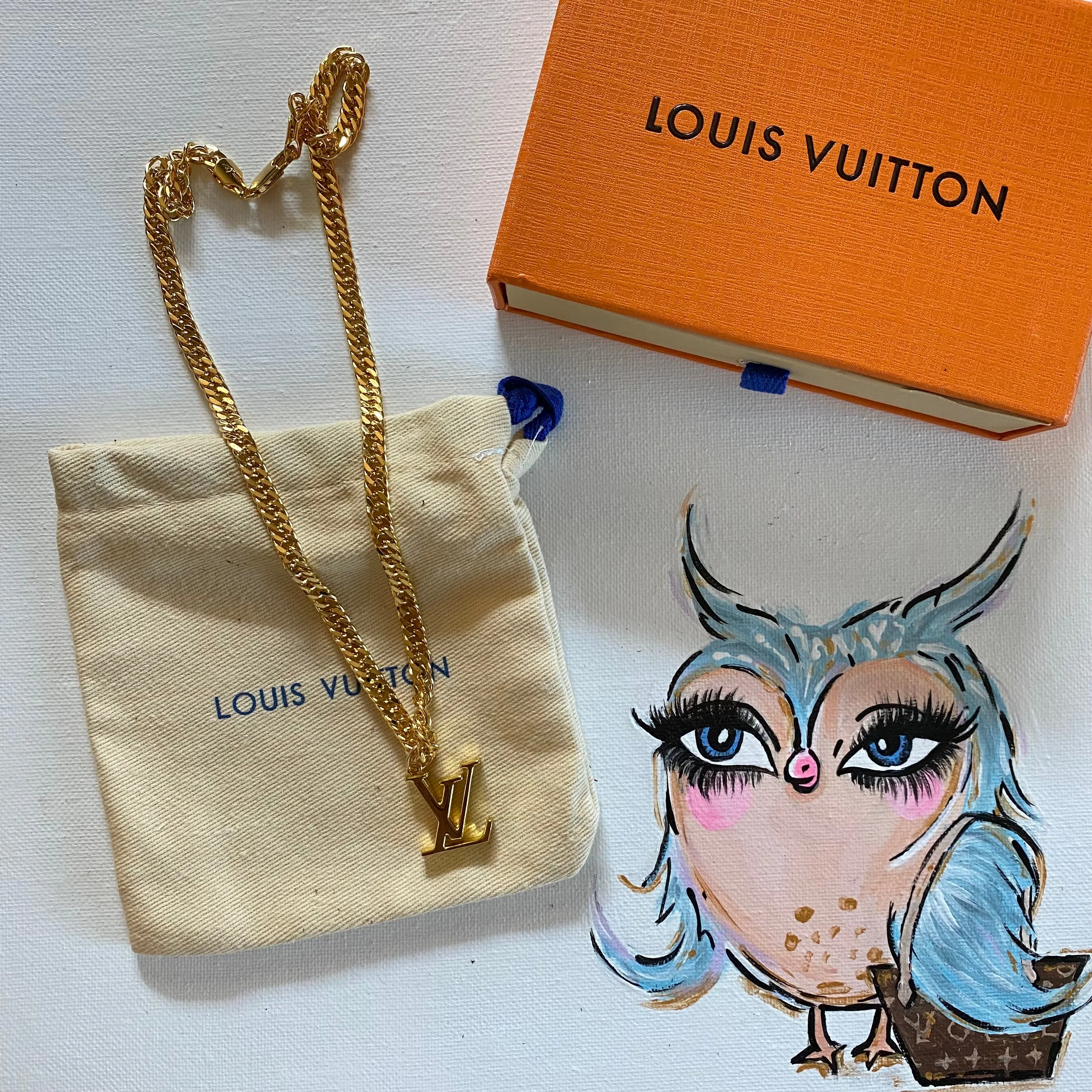 LV Charm Necklace - Gold Filled Curb Chain