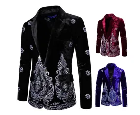 Men's Luxury Blazer Jacket Suit Velvet Gold Thread Embroidered Wedding Dress Suit Nightclub Party Costume Coats | X1009