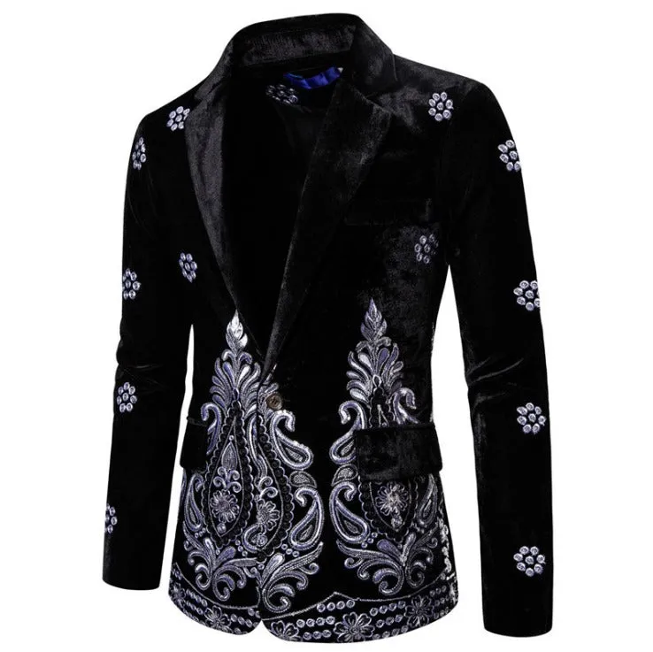 Men's Luxury Blazer Jacket Suit Velvet Gold Thread Embroidered Wedding Dress Suit Nightclub Party Costume Coats | X1009