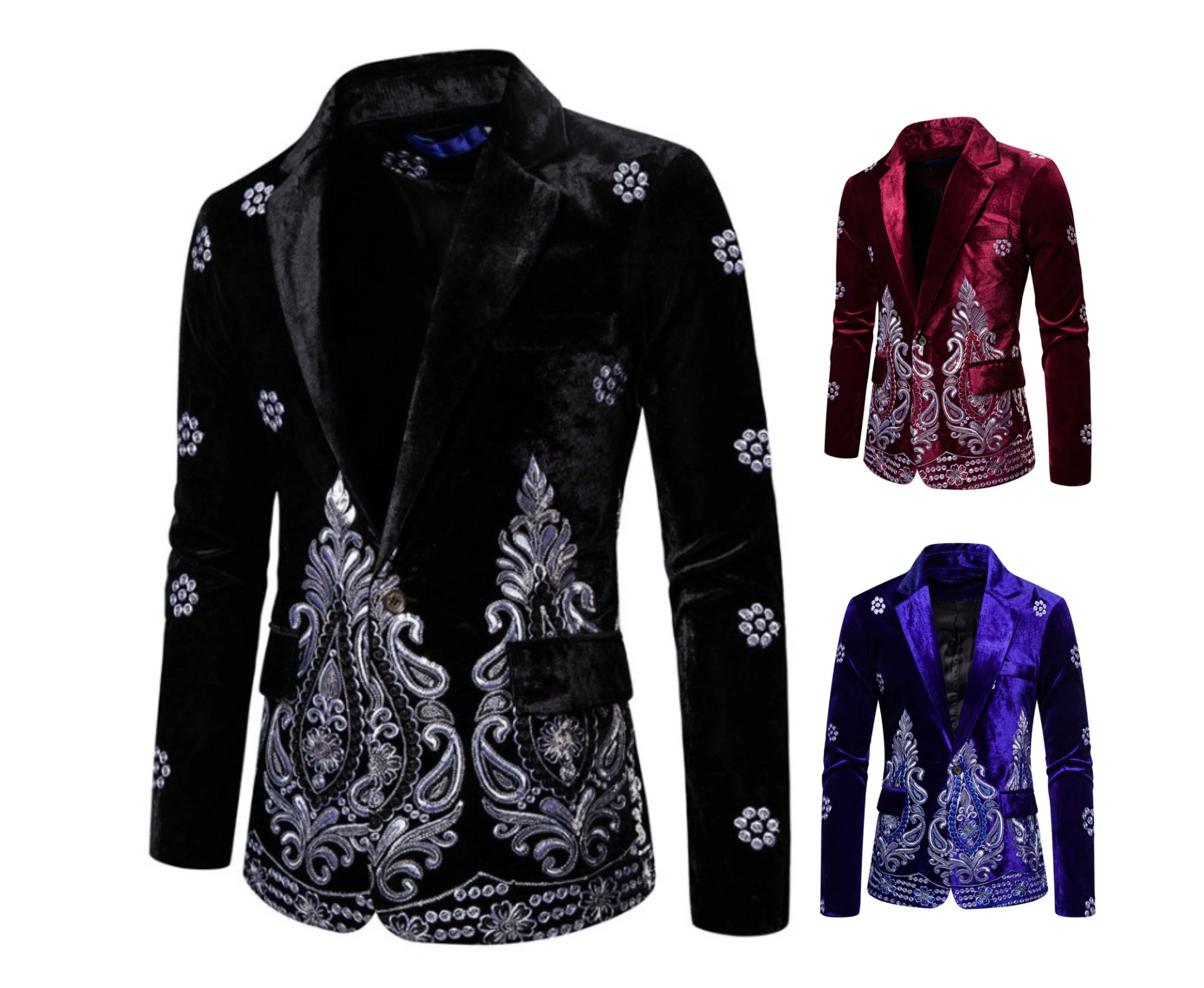 Men's Luxury Blazer Jacket Suit Velvet Gold Thread Embroidered Wedding Dress Suit Nightclub Party Costume Coats | X1009