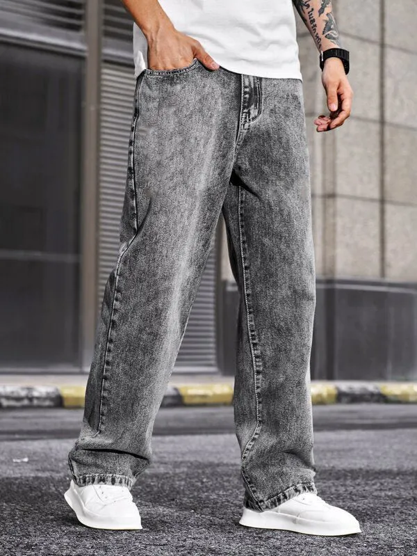 Metal Grey Acid Wash Regular Fit Denim