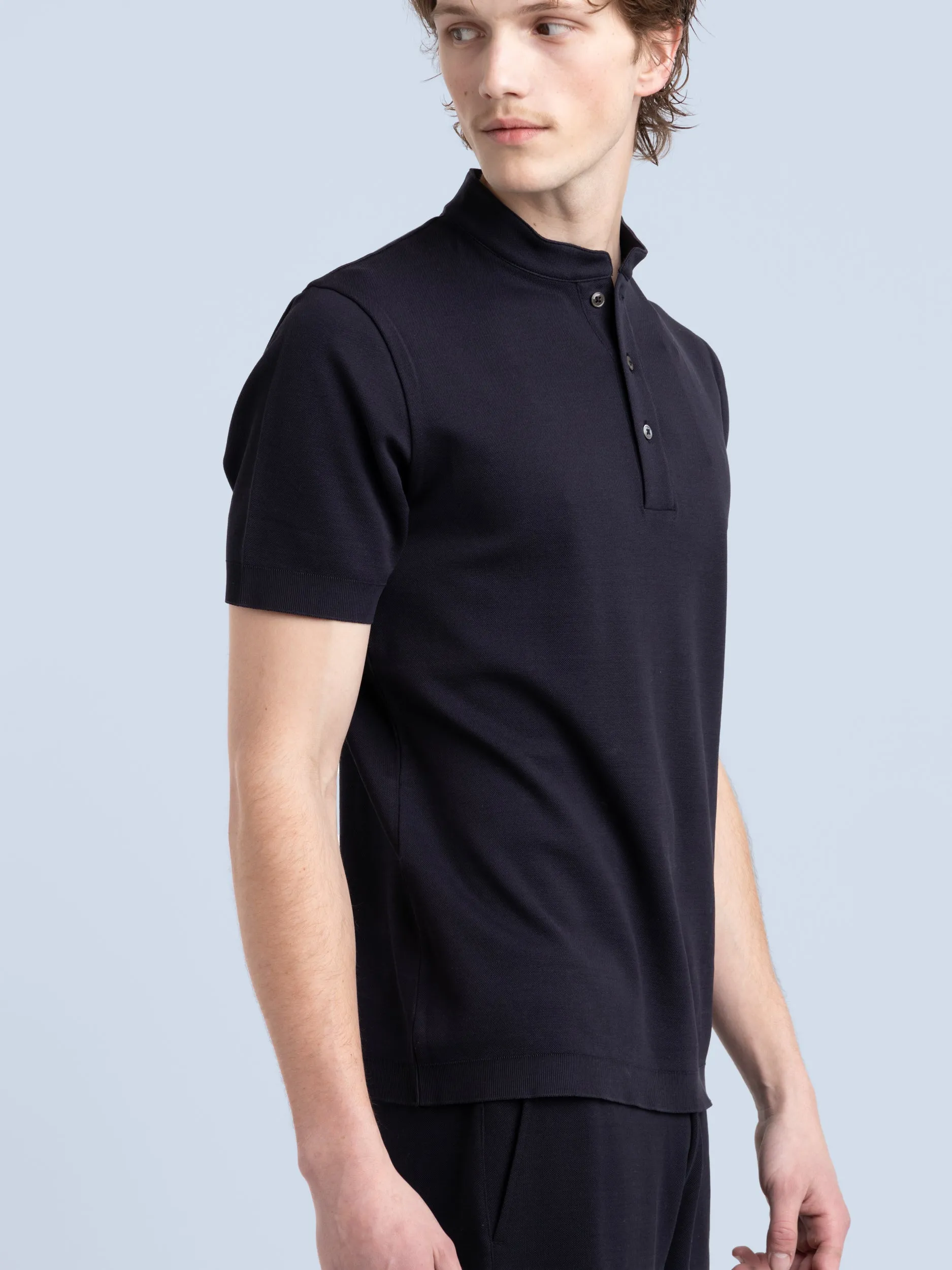 Navy Band Collar Polo Shirt