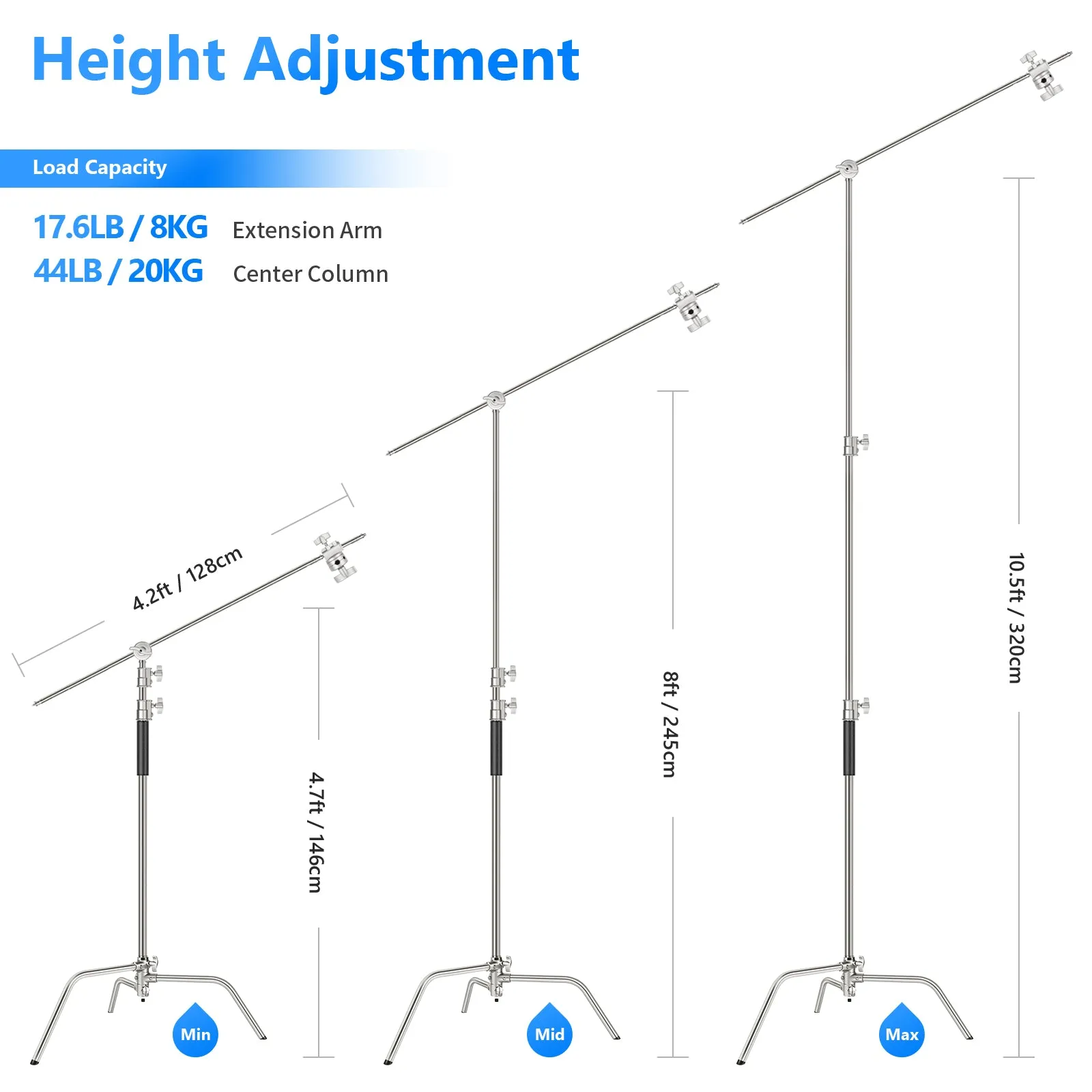 NEEWER 320cm Stainless Steel C Stand with Boom Arm