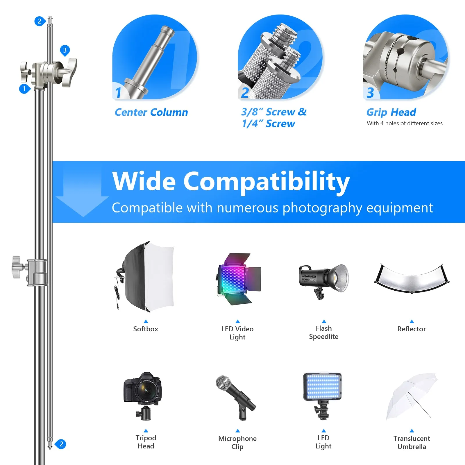 NEEWER 320cm Stainless Steel C Stand with Boom Arm