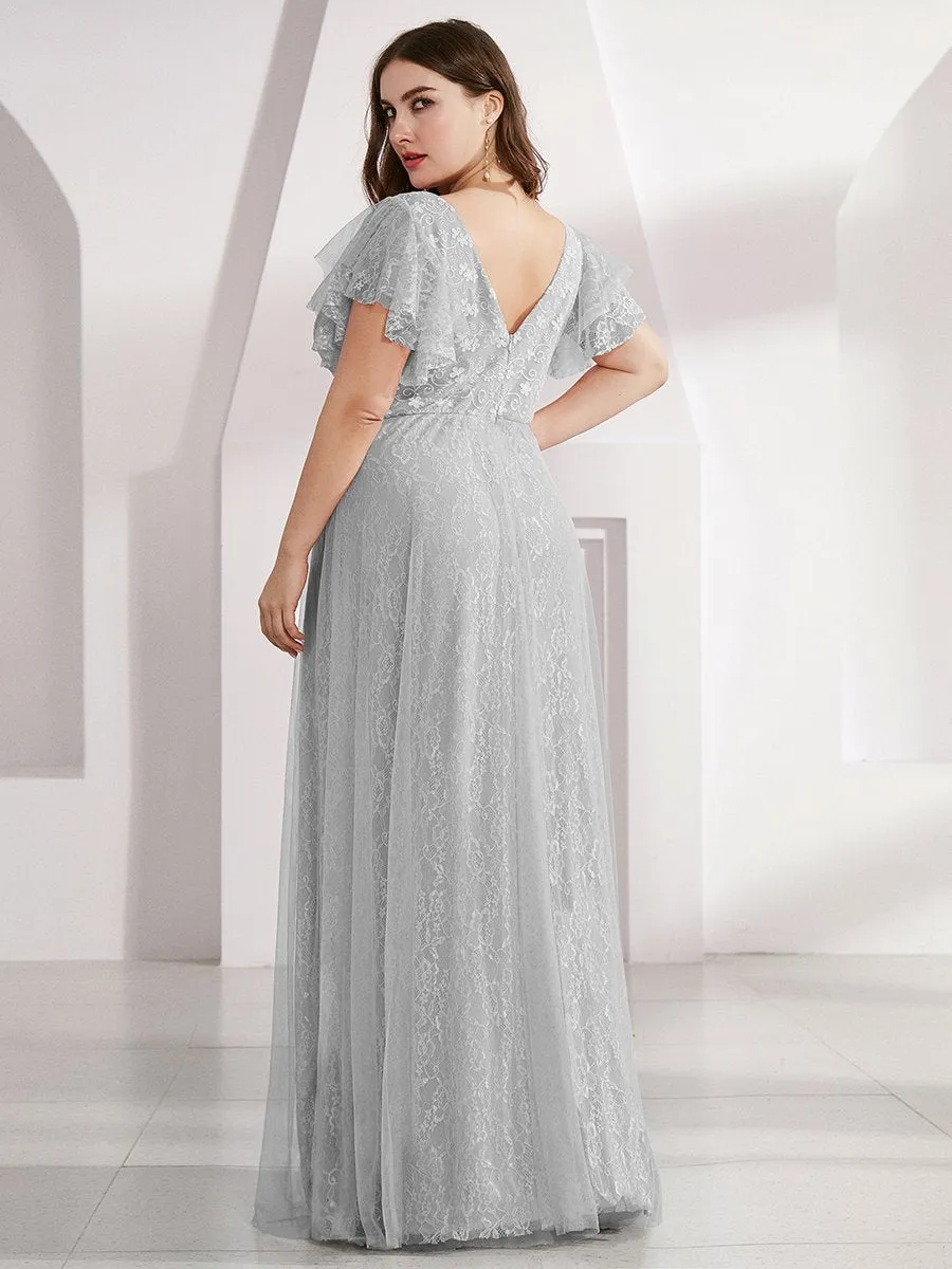 Plus Size Double V Neck Lace Evening Dresses with Ruffle Sleeves