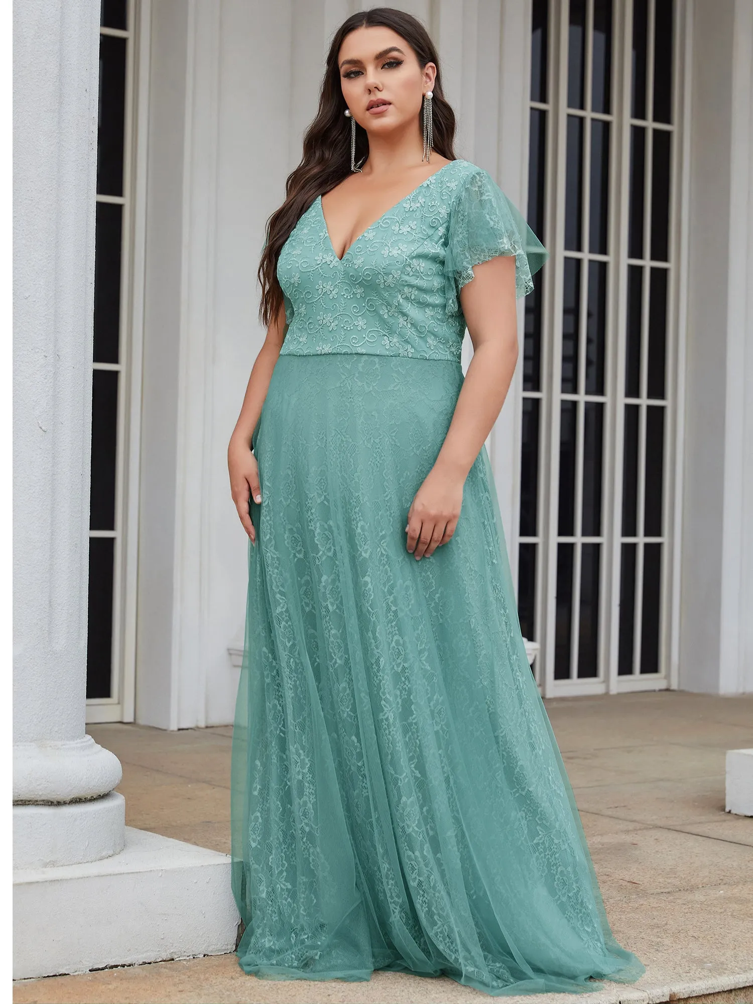 Plus Size Double V Neck Lace Evening Dresses with Ruffle Sleeves