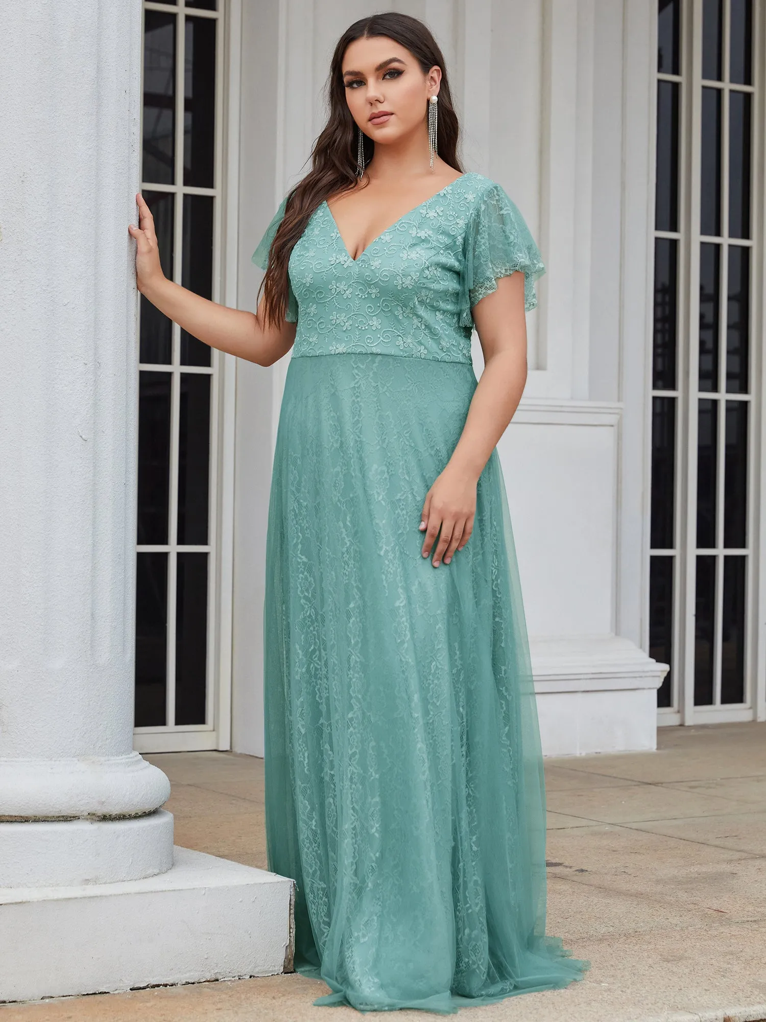 Plus Size Double V Neck Lace Evening Dresses with Ruffle Sleeves