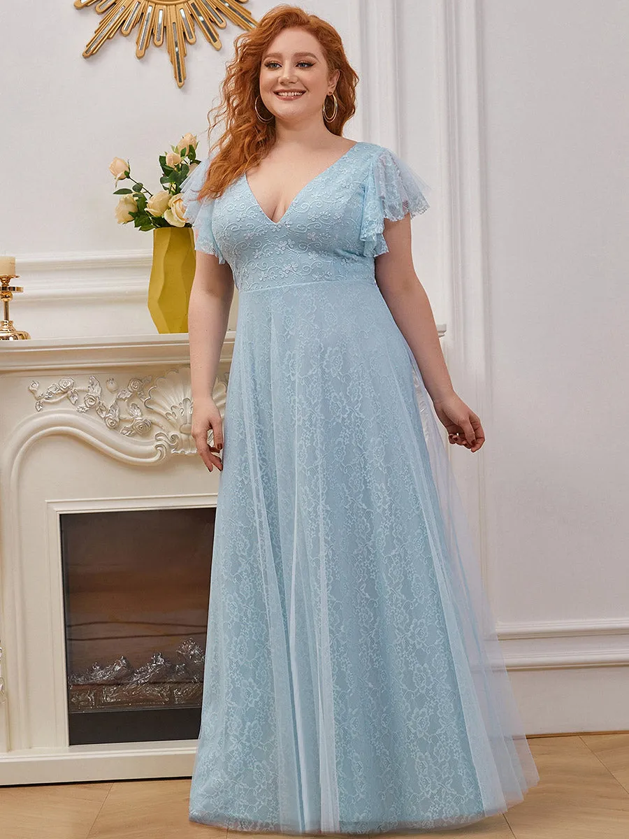 Plus Size Double V Neck Lace Evening Dresses with Ruffle Sleeves