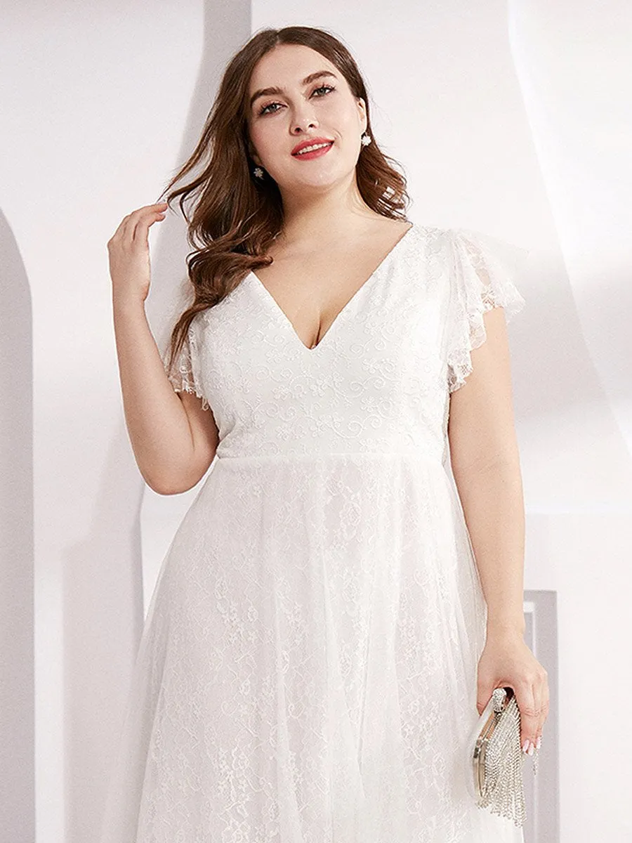 Plus Size Double V Neck Lace Evening Dresses with Ruffle Sleeves