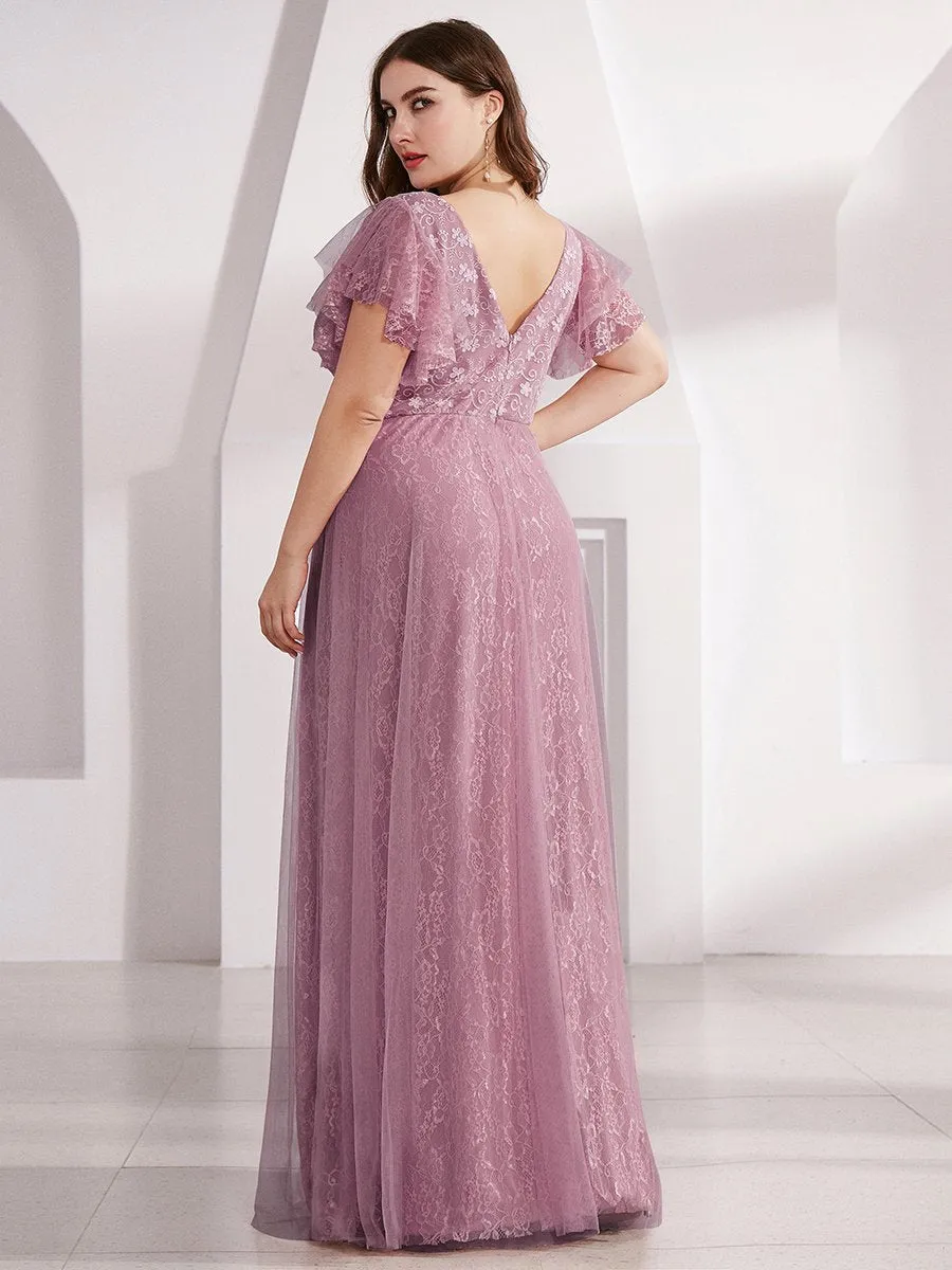 Plus Size Double V Neck Lace Evening Dresses with Ruffle Sleeves