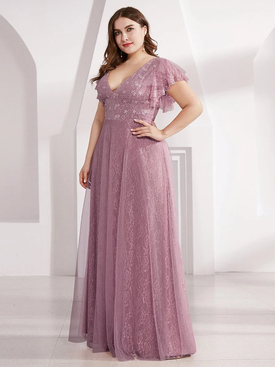 Plus Size Double V Neck Lace Evening Dresses with Ruffle Sleeves