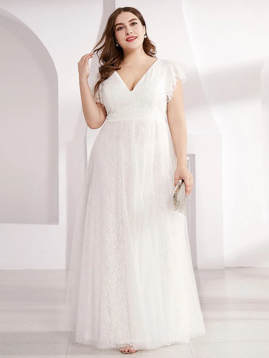 Plus Size Double V Neck Lace Evening Dresses with Ruffle Sleeves