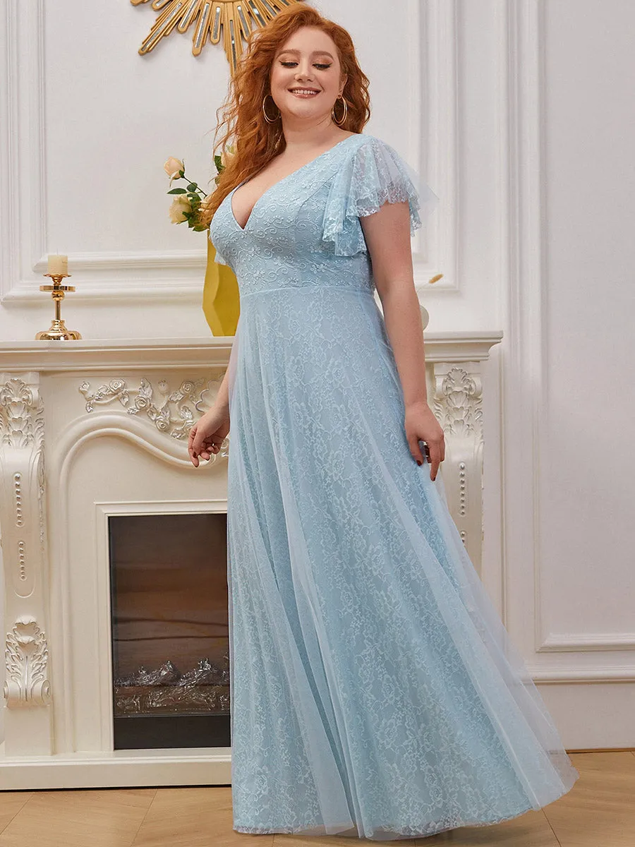 Plus Size Double V Neck Lace Evening Dresses with Ruffle Sleeves