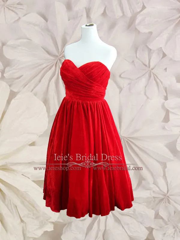 Retro Strapless Red Velvet Tea Length Prom Evening Dress