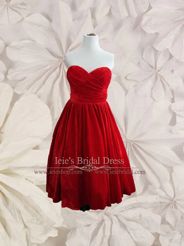 Retro Strapless Red Velvet Tea Length Prom Evening Dress