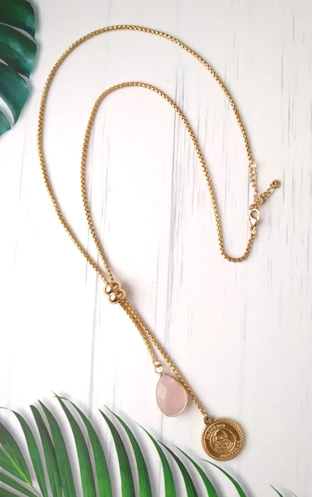 Teardrop Rose Quartz with Saint Benedict Medal Slider Necklace