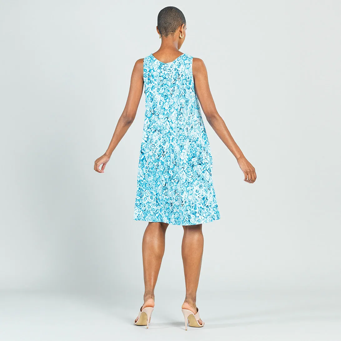 Textured Jewel Neck Swing Dress - Floral Rain-Turquoise - Final Sale!