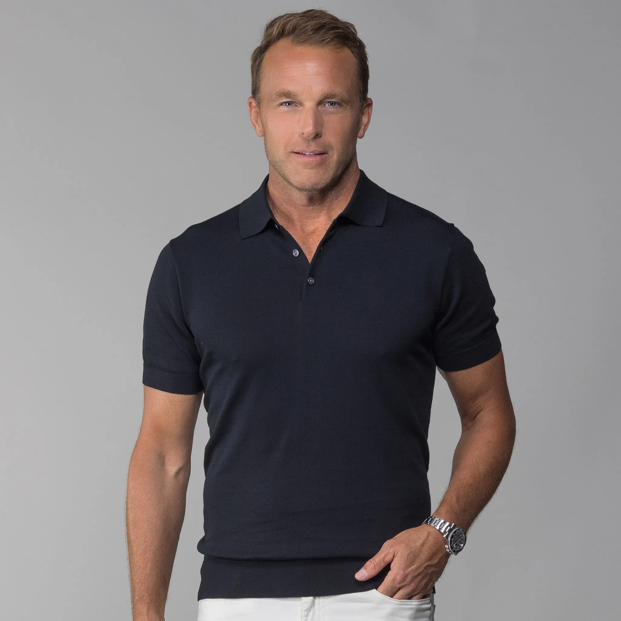 The Maranello Cotton & Silk Three Button Polo Black - Tailored Fit