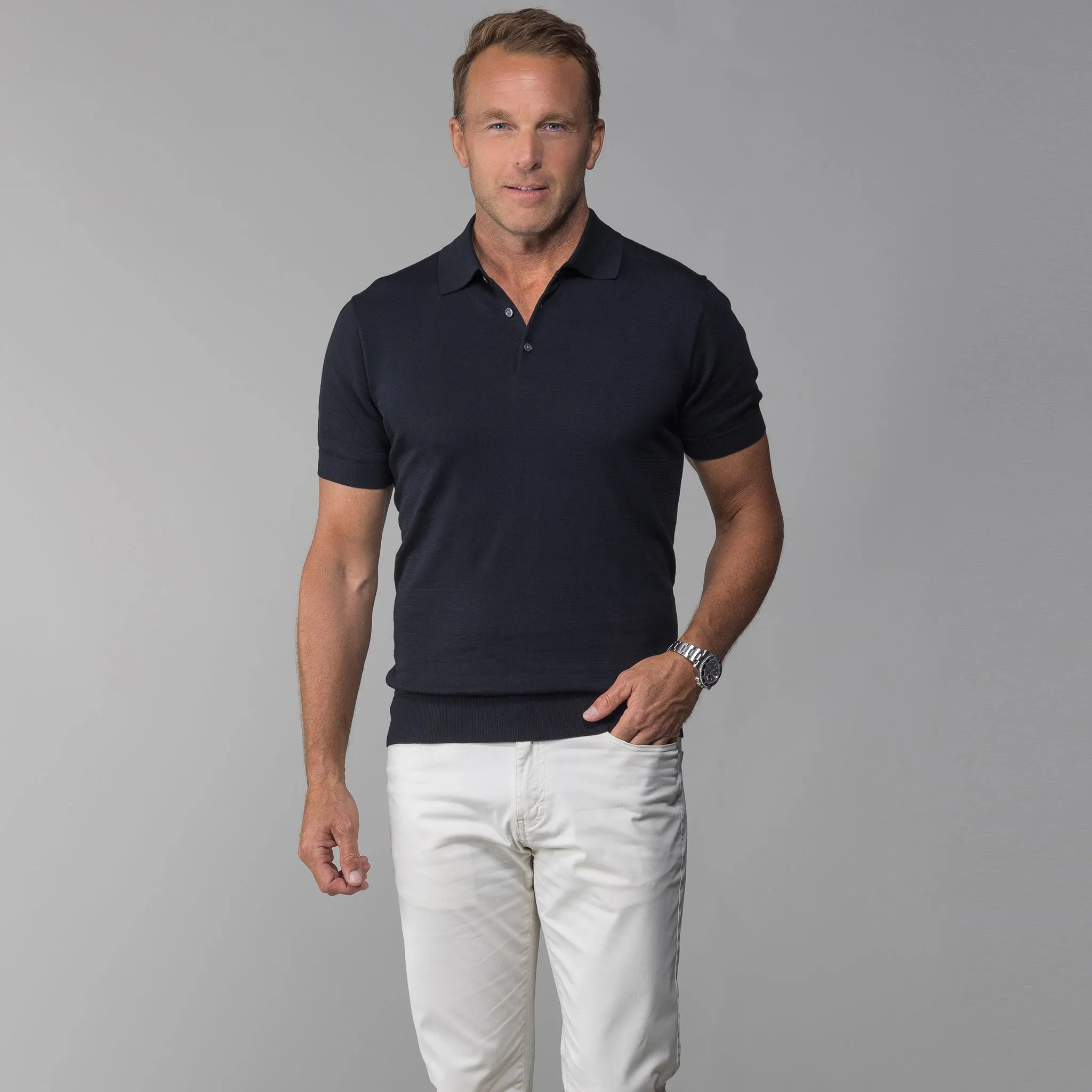 The Maranello Cotton & Silk Three Button Polo Black - Tailored Fit