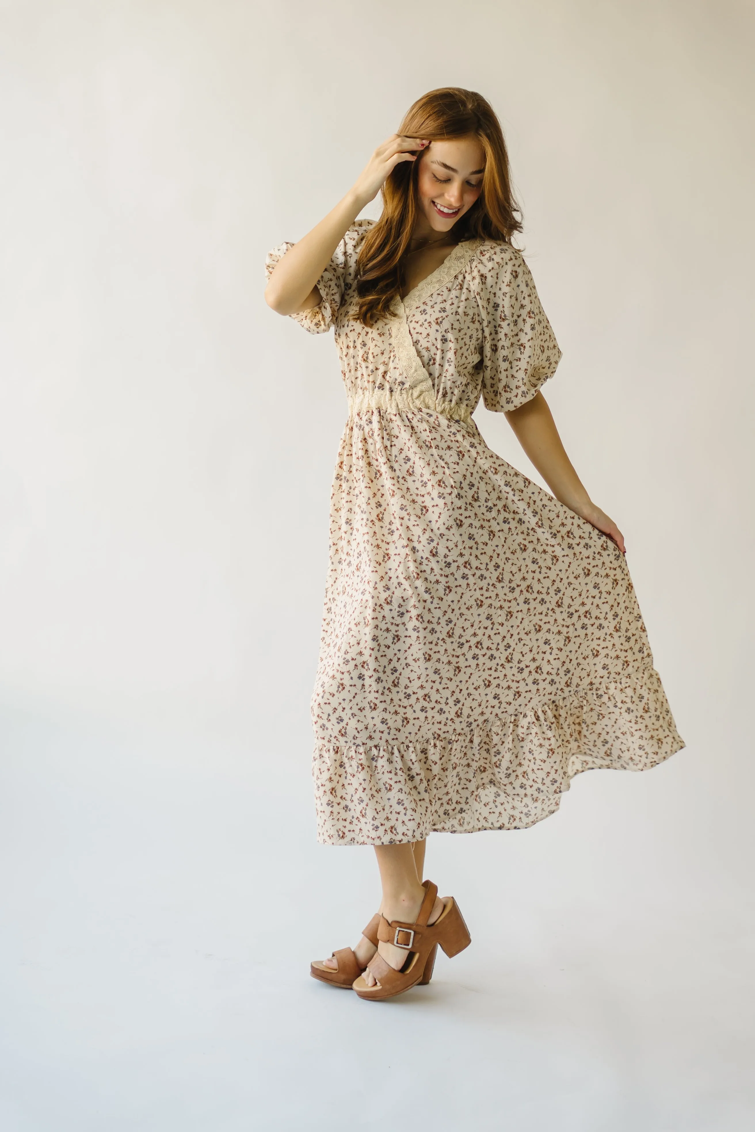 The Marbleton Lace Detail Dress in Beige Multi