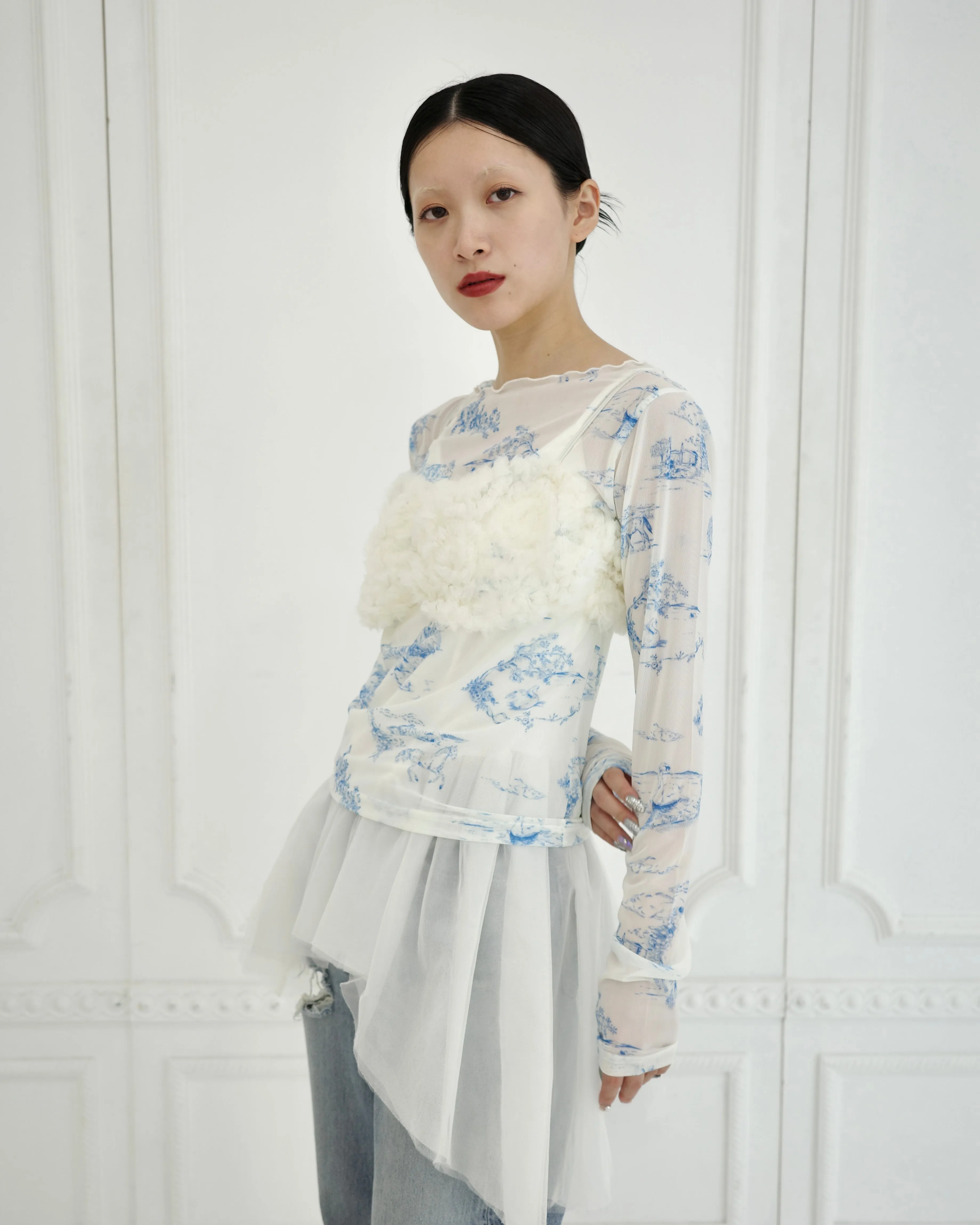 Toile de Jouy see-through tops (Round neck)