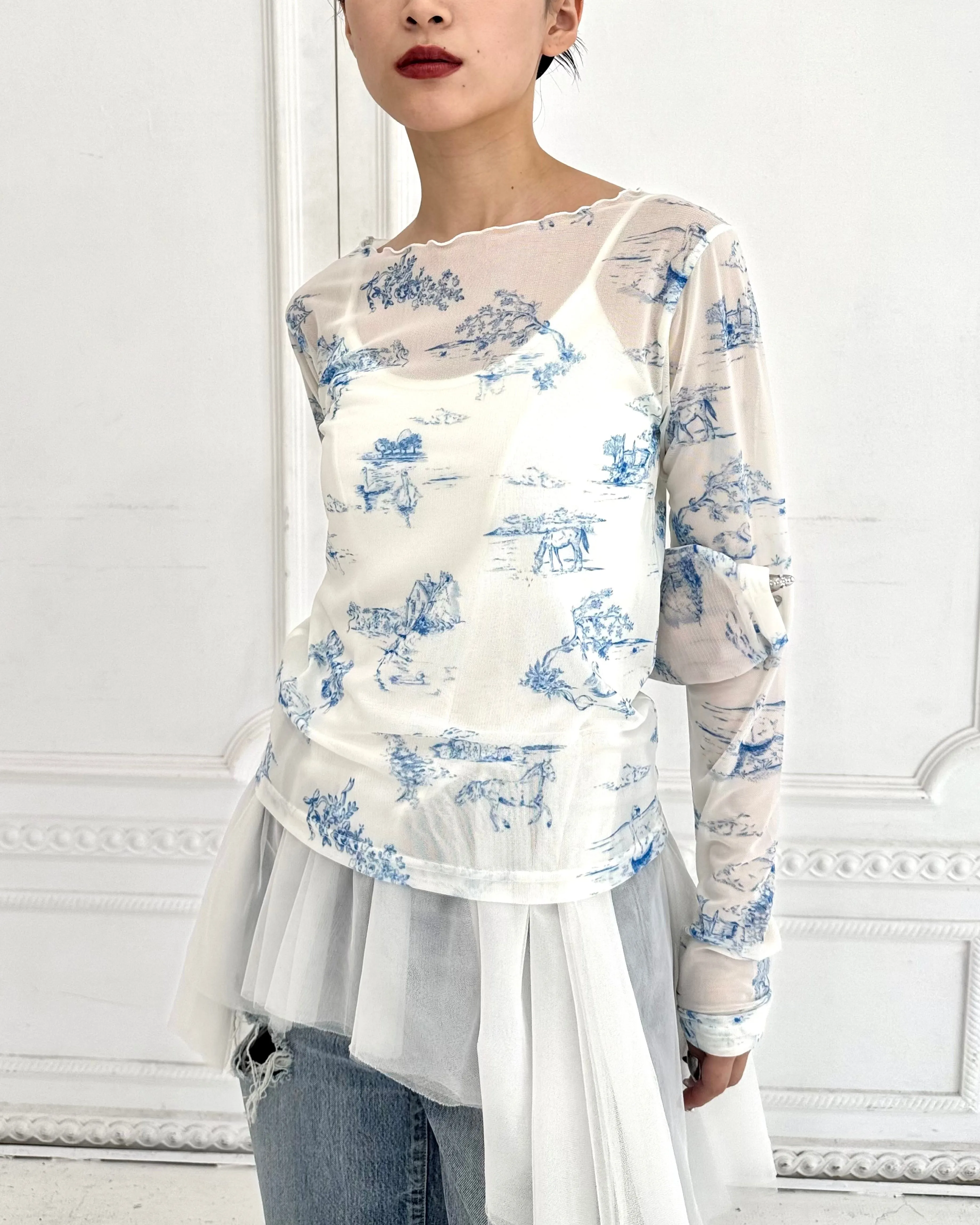 Toile de Jouy see-through tops (Round neck)