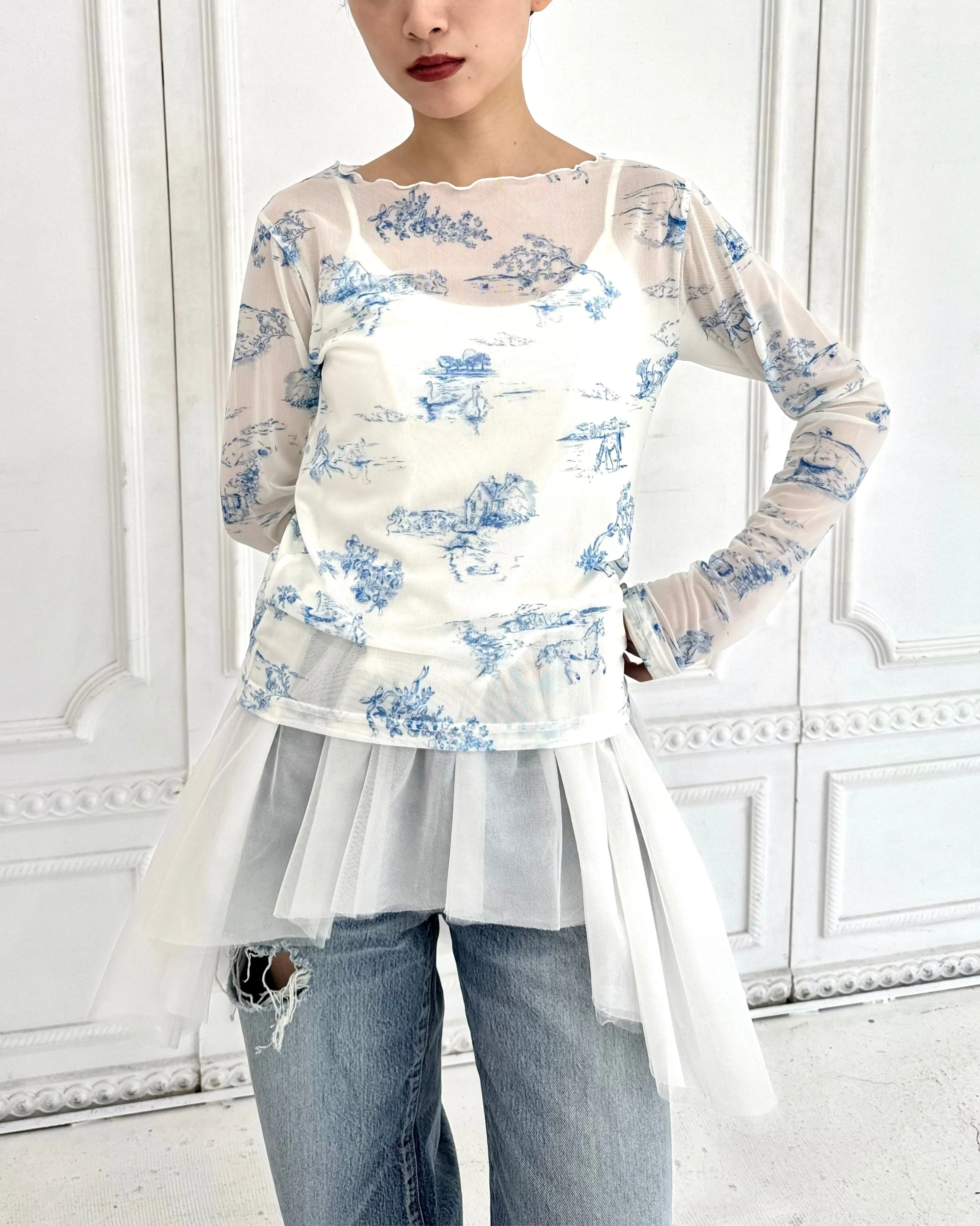 Toile de Jouy see-through tops (Round neck)